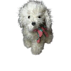 Adorable White Shaggy Dog Plush Toy Red Green Gingham Bow Christmas Holiday